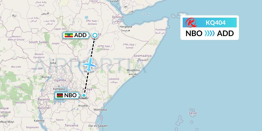 KQ404 Kenya Airways Flight Map: Nairobi to Addis Ababa