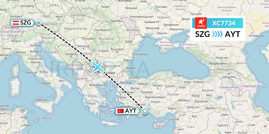 XC7734 Corendon Airlines Flight Map: Salzburg to Antalya