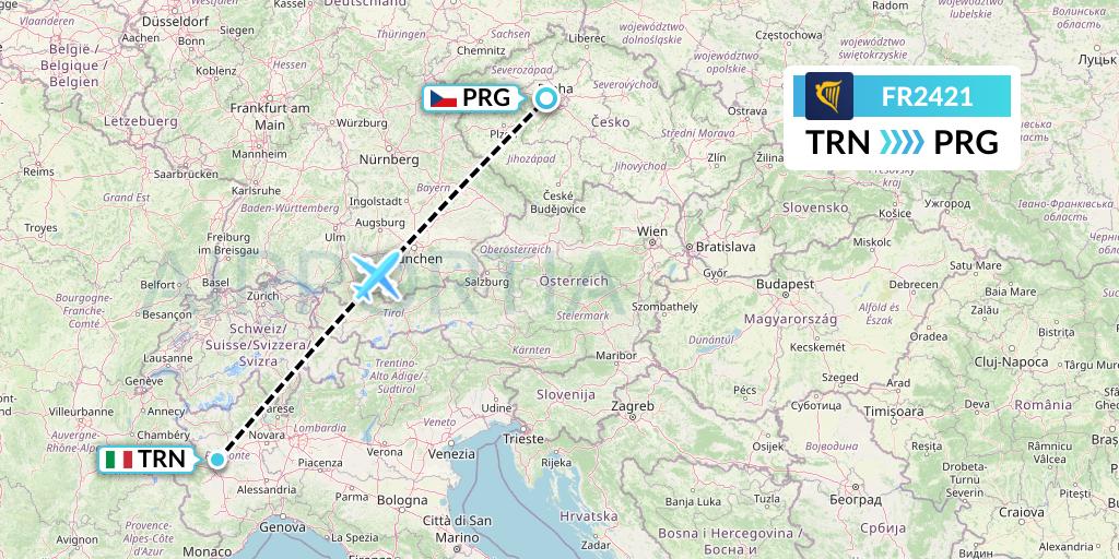 FR2421 Ryanair Flight Map: Turin to Prague