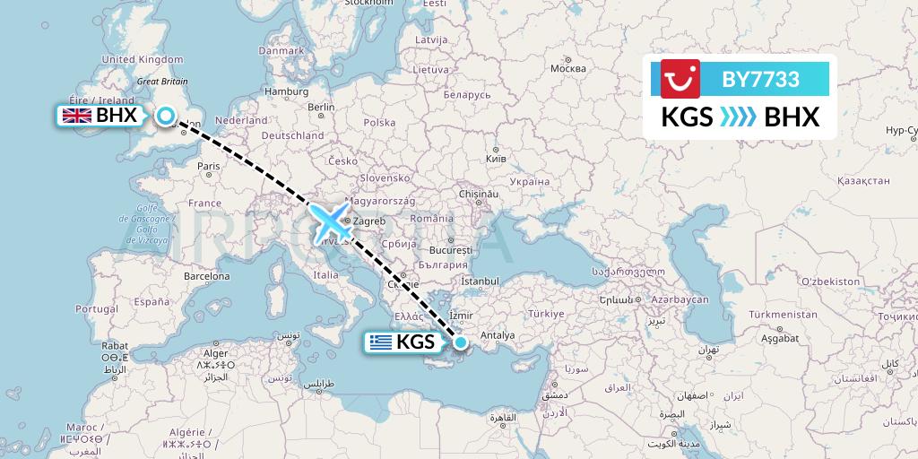 BY7733 TUI Airways Flight Map: Kos to Birmingham