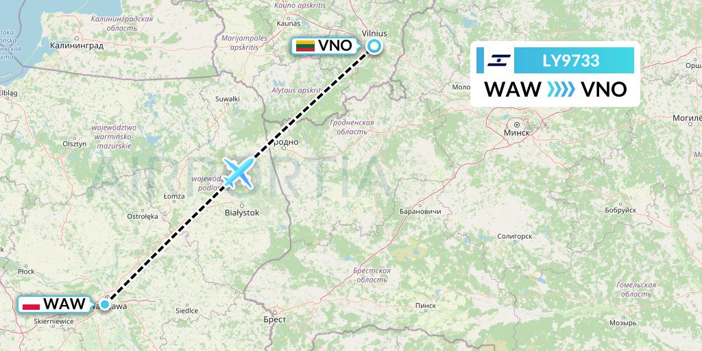 LY9733 El Al Flight Map: Warsaw to Vilnius
