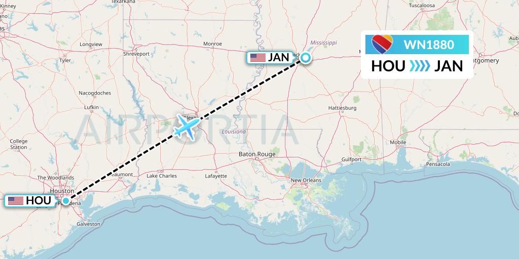 WN1880 Southwest Airlines Flight Map: Houston to Jackson