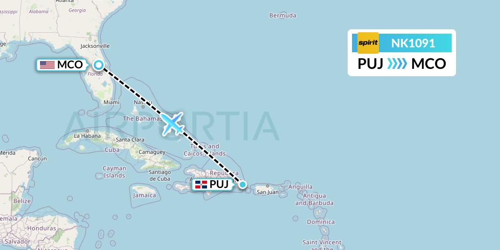 NK1091 Spirit Airlines Flight Map: Punta Cana to Orlando
