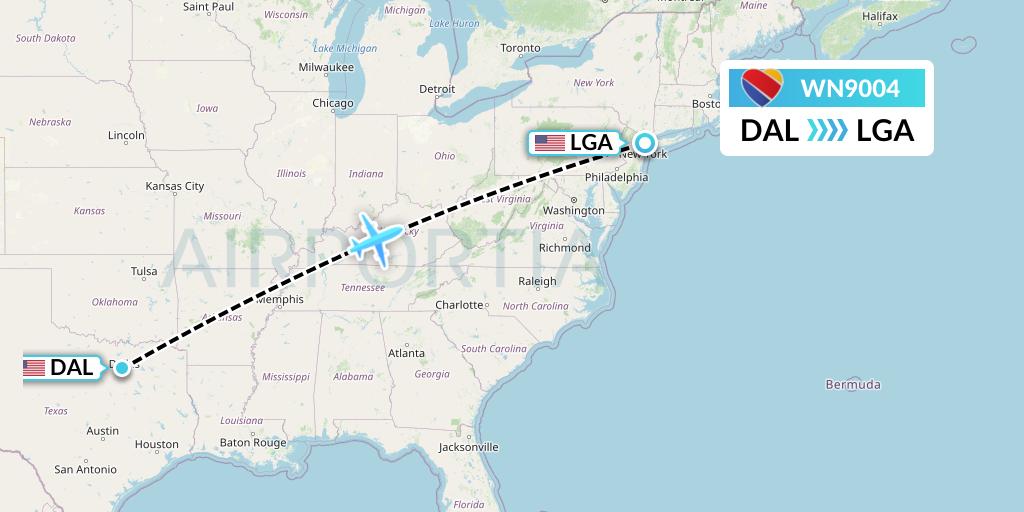 WN9004 Southwest Airlines Flight Map: Dallas to New York