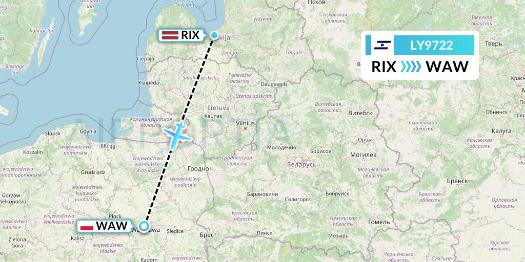 LY9722 El Al Flight Map: Riga to Warsaw