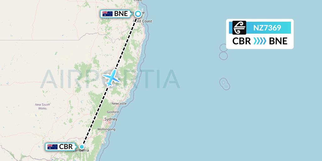 NZ7369 Air New Zealand Flight Map: Canberra to Brisbane