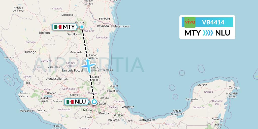 VB4414 VivaAerobus Flight Map: Monterrey to Reyes Acozac