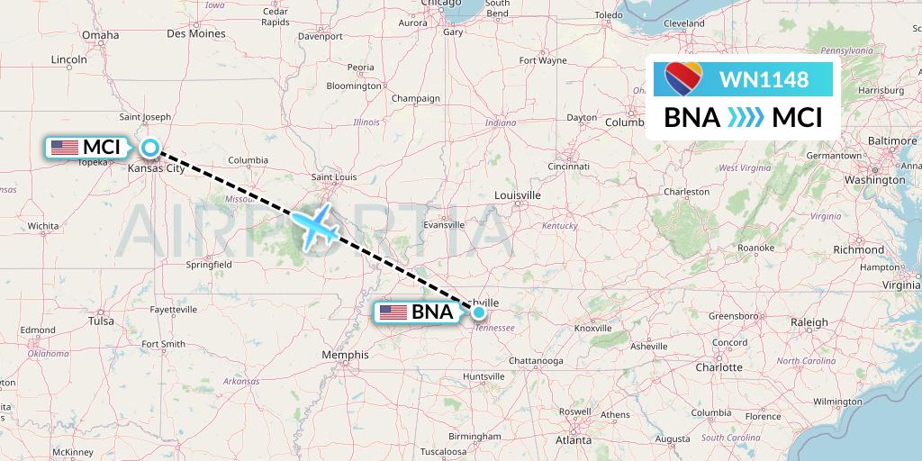 WN1148 Southwest Airlines Flight Map: Nashville to Kansas City