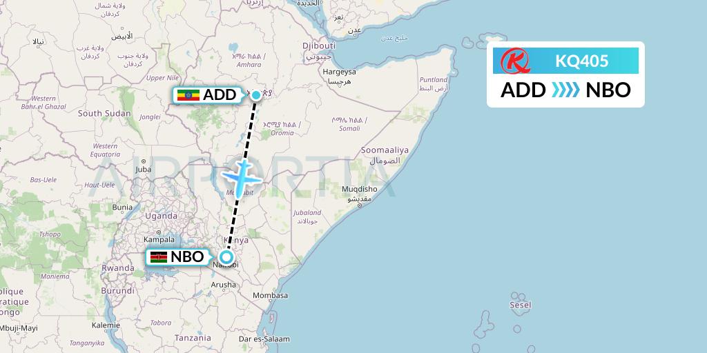 KQ405 Kenya Airways Flight Map: Addis Ababa to Nairobi