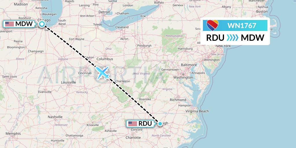 WN1767 Southwest Airlines Flight Map: Raleigh-Durham to Chicago