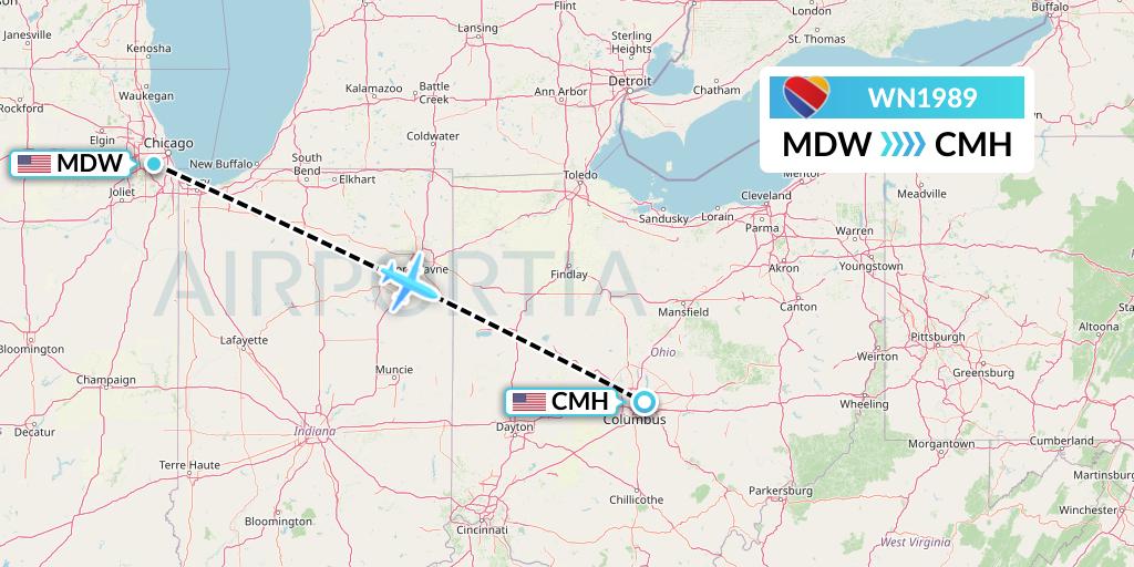 WN1989 Southwest Airlines Flight Map: Chicago to Columbus