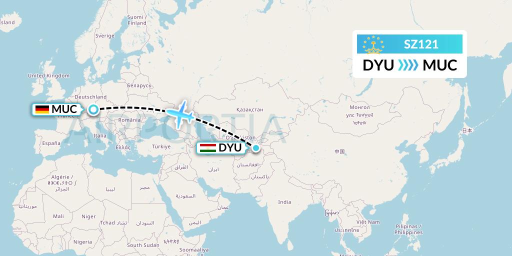 SZ121 Somon Air Flight Map: Dushanbe to Munich
