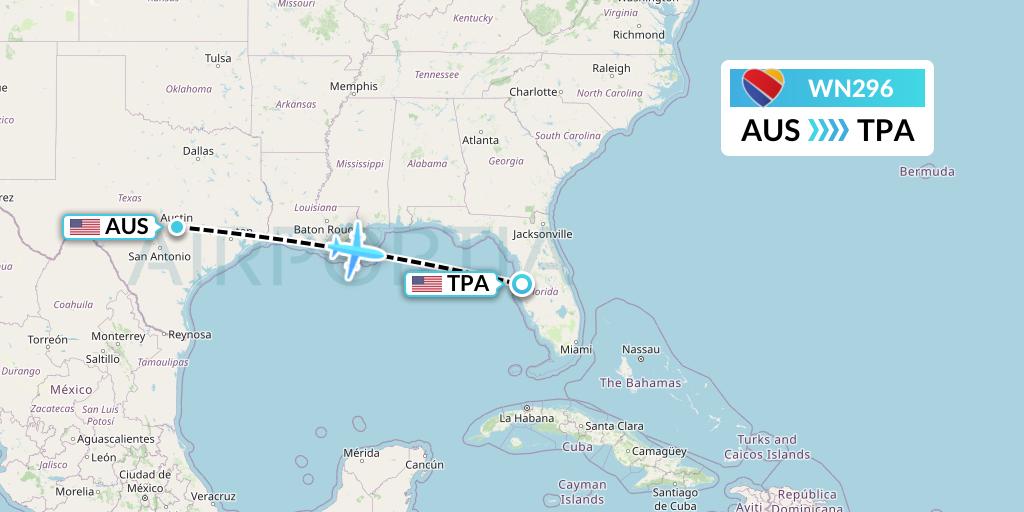 WN296 Southwest Airlines Flight Map: Austin to Tampa