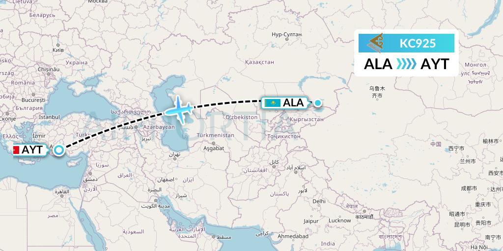KC925 Air Astana Flight Map: Almaty to Antalya