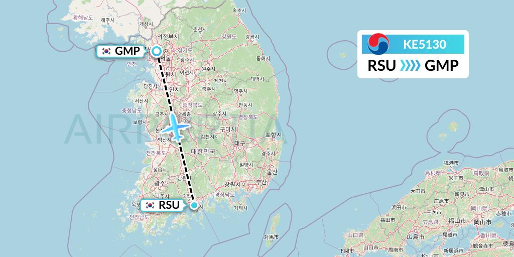 KE5130 Korean Air Flight Map: Yeosu to Seoul