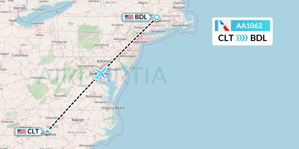 AA1062 American Airlines Flight Map: Charlotte to Windsor Locks