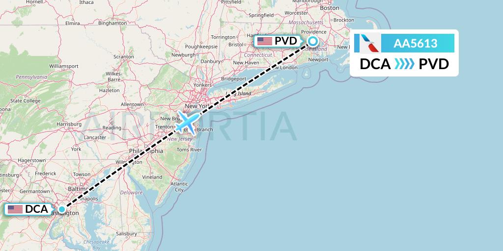 AA5613 American Airlines Flight Map: Washington to Providence
