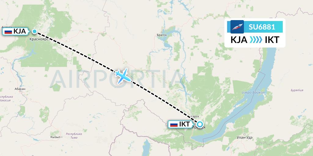 SU6881 Aeroflot Flight Map: Krasnoyarsk to Irkutsk