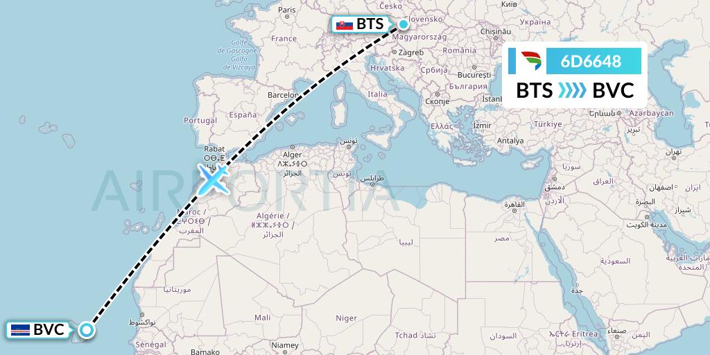 6D6648 Travel Service Slovakia Flight Map: Bratislava to Boa Vista