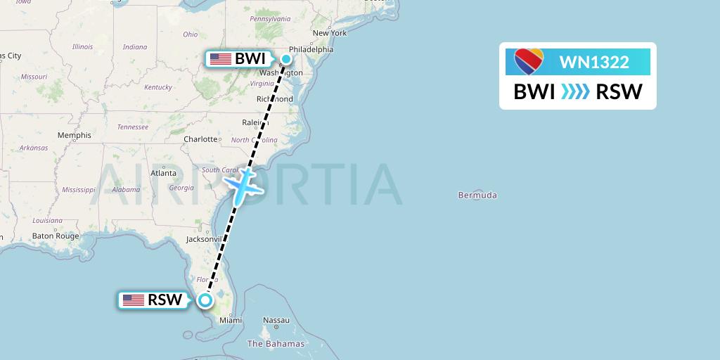 WN1322 Southwest Airlines Flight Map: Baltimore to Fort Myers