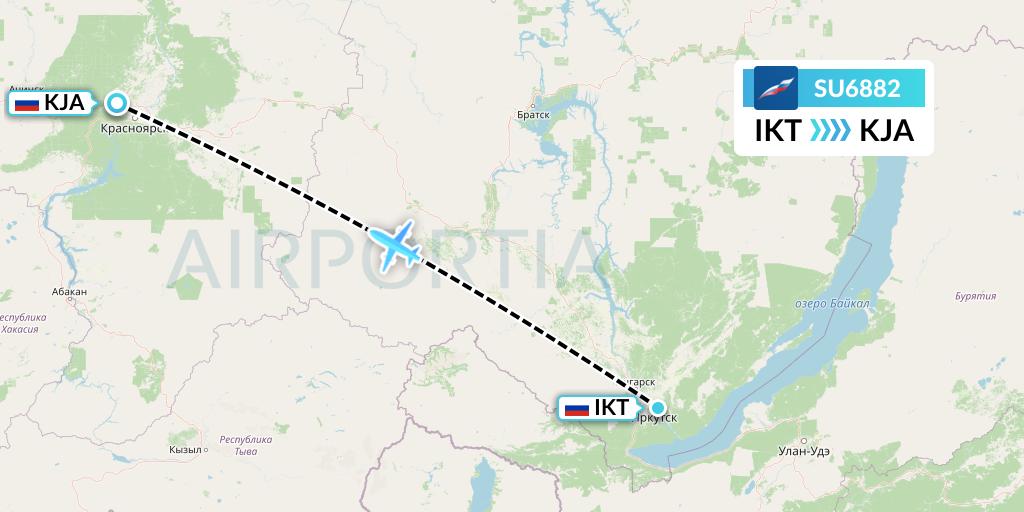 SU6882 Aeroflot Flight Map: Irkutsk to Krasnoyarsk