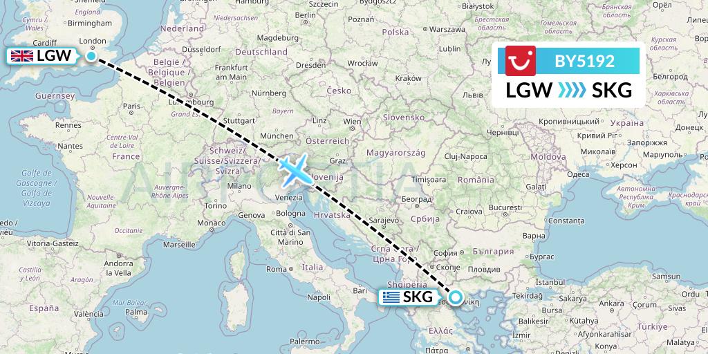 BY5192 TUI Airways Flight Map: London to Thessaloniki