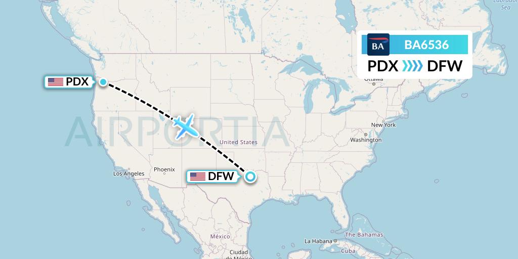 BA6536 British Airways Flight Map: Portland to Dallas