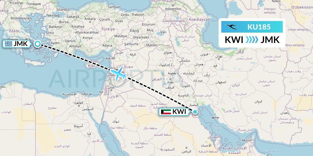 KU185 Kuwait Airways Flight Map: Kuwait City to Mykonos