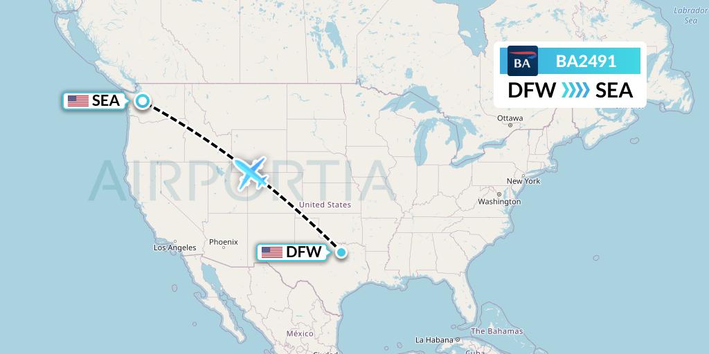 BA2491 British Airways Flight Map: Dallas to Seattle