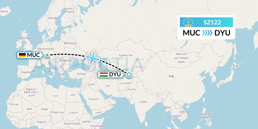 SZ122 Somon Air Flight Map: Munich to Dushanbe