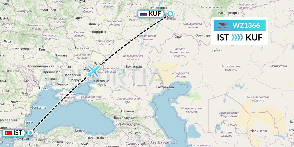 WZ1366 Red Wings Flight Map: Istanbul to Samara