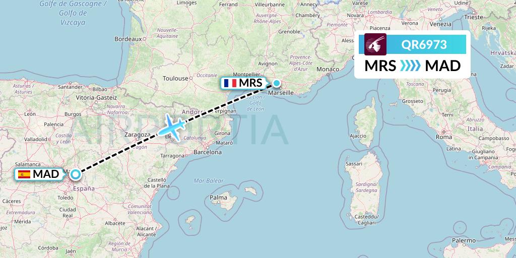 QR6973 Qatar Airways Flight Map: Marseille to Madrid