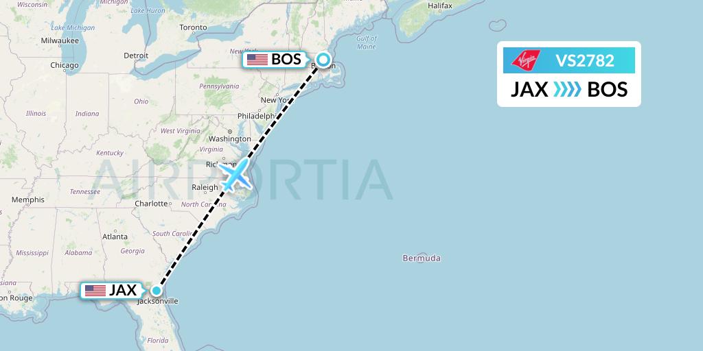 VS2782 Virgin Atlantic Airways Flight Map: Jacksonville to Boston