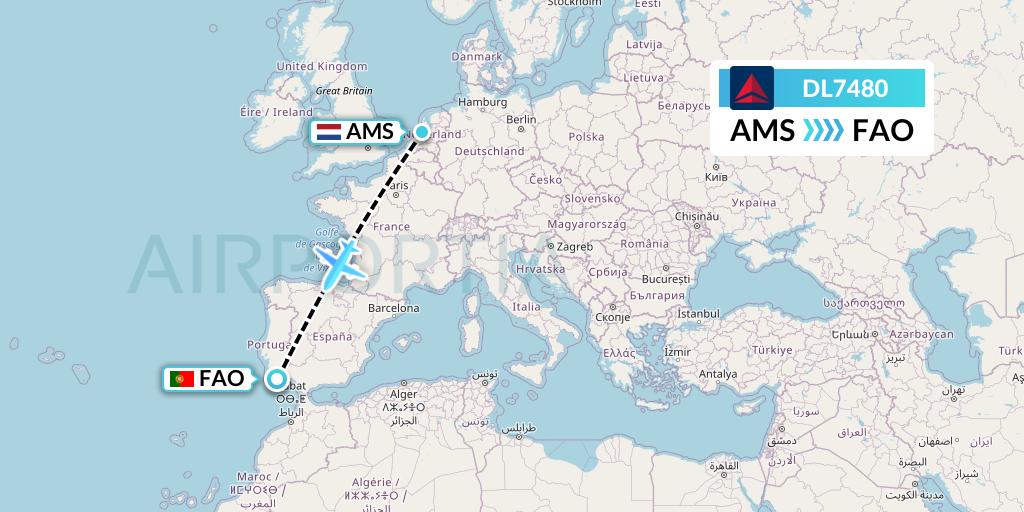 DL7480 Delta Air Lines Flight Map: Amsterdam to Faro