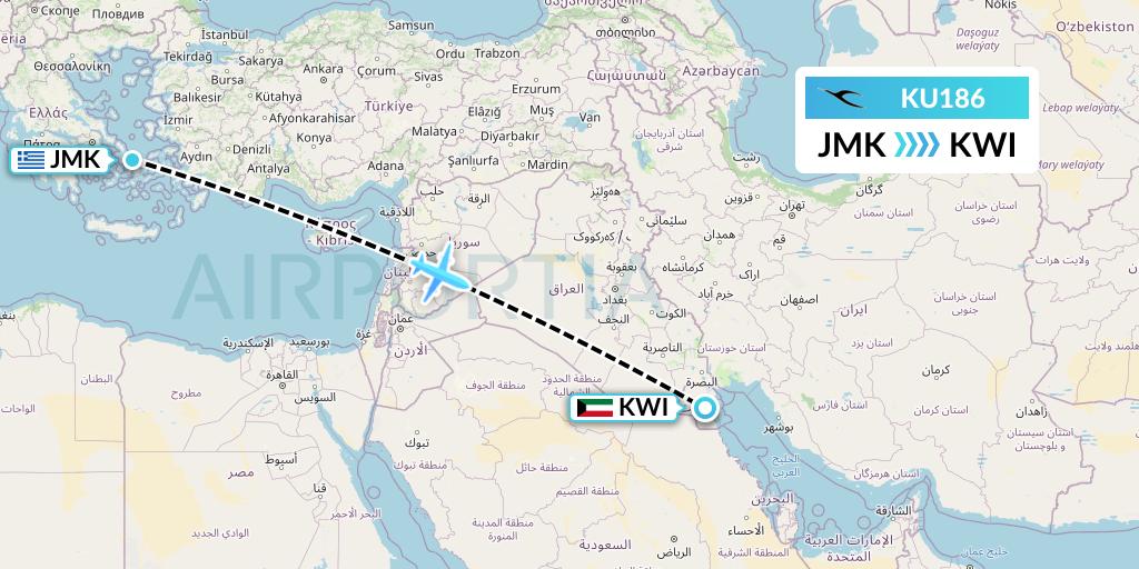 KU186 Kuwait Airways Flight Map: Mykonos to Kuwait City