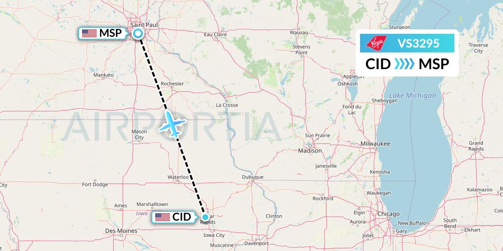 VS3295 Virgin Atlantic Airways Flight Map: Cedar Rapids to Minneapolis