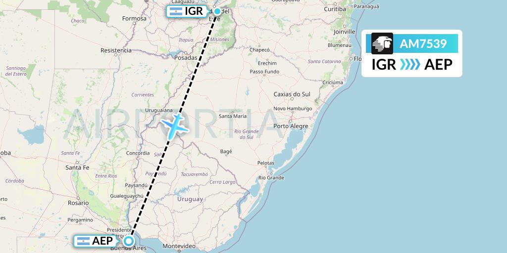 AM7539 Aeromexico Flight Map: Puerto Iguazu to Buenos Aires