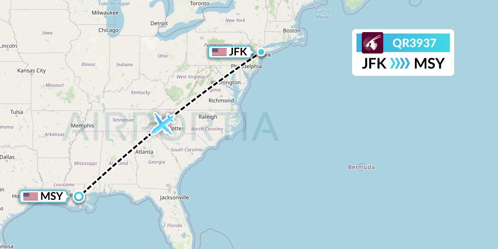 QR3937 Qatar Airways Flight Map: New York to New Orleans