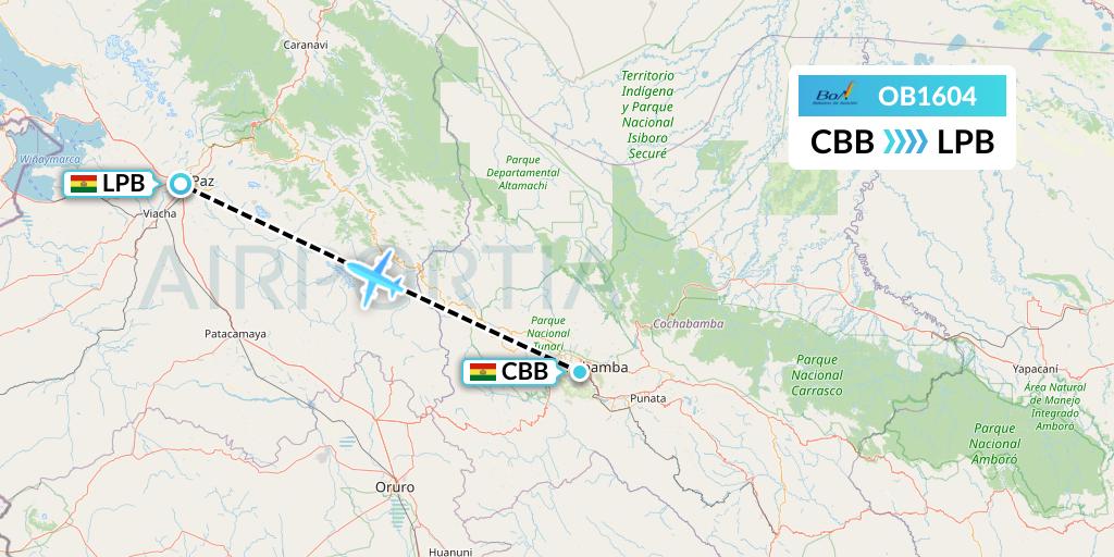 OB1604 Boliviana de Aviacion Flight Map: Cochabamba to La Paz