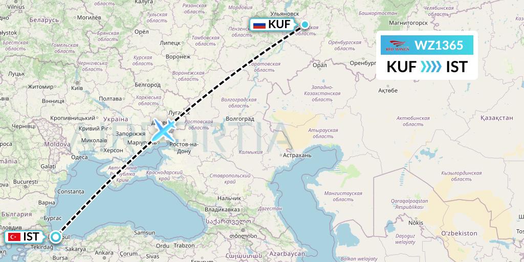 WZ1365 Red Wings Flight Map: Samara to Istanbul