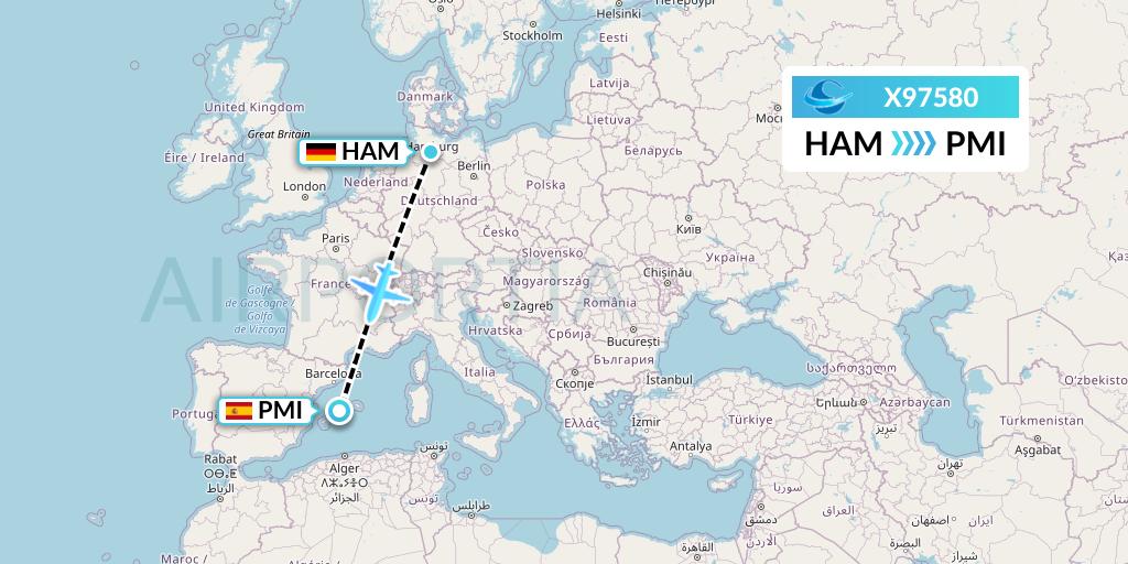 X97580 Avion Express Flight Map: Hamburg to Palma de Mallorca