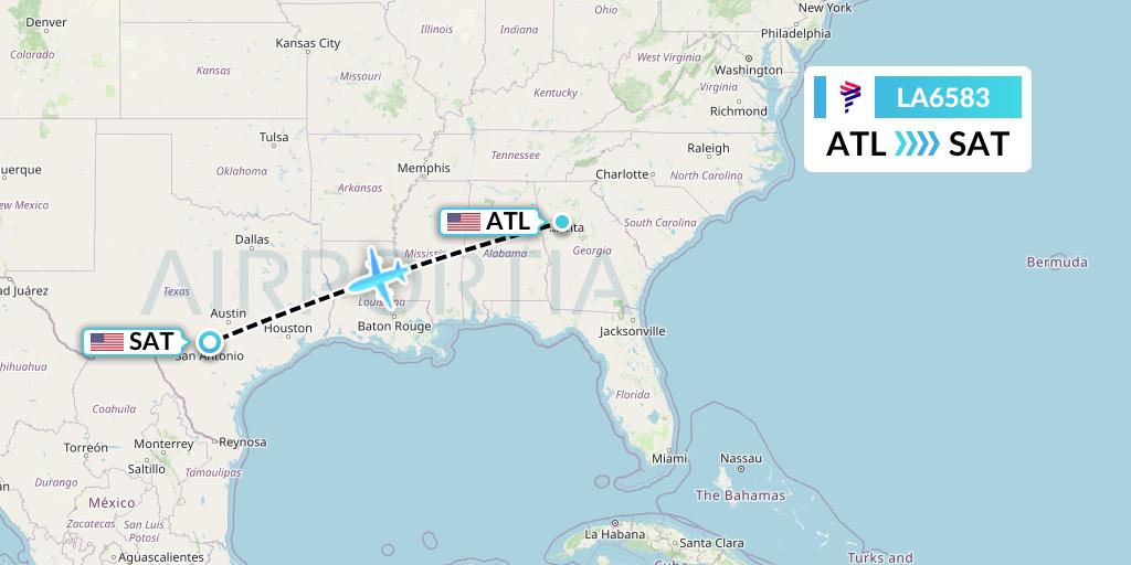 LA6583 LAN Airlines Flight Map: Atlanta to San Antonio