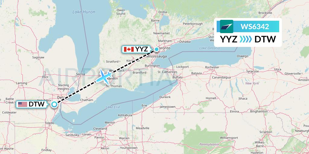 WS6342 WestJet Flight Map: Toronto to Detroit