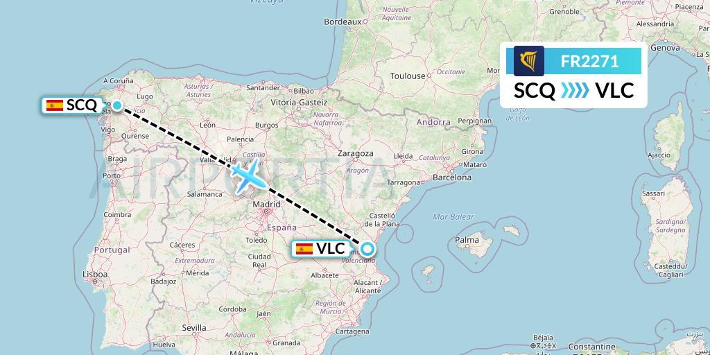 FR2271 Ryanair Flight Map: Santiago to Valencia