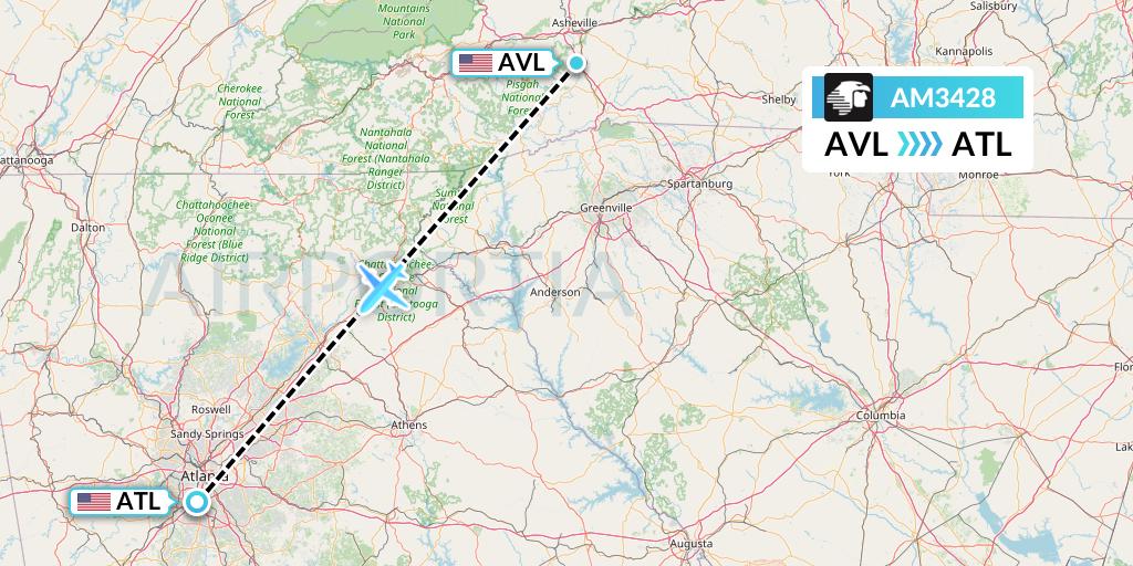 AM3428 Aeromexico Flight Map: Asheville to Atlanta