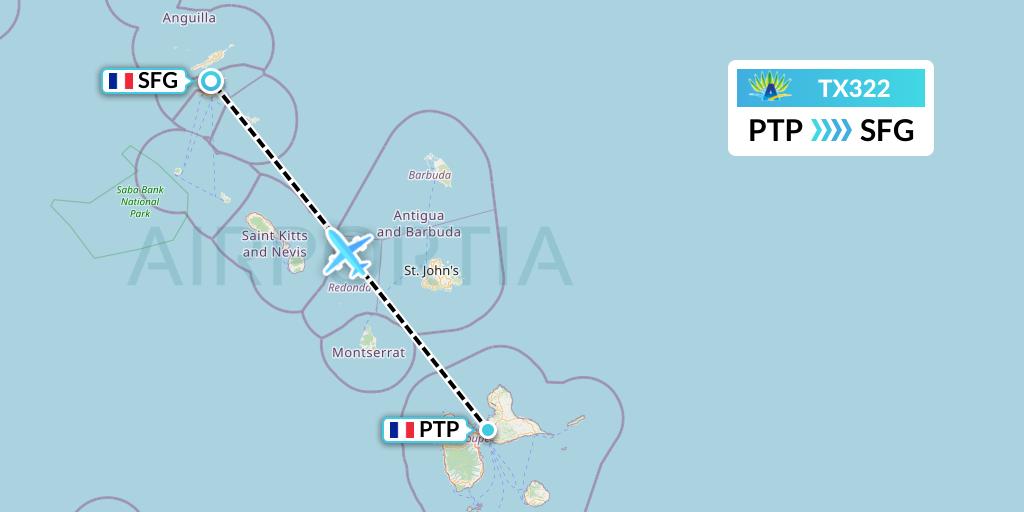 TX322 Air Caraibes Flight Map: Pointe-a-Pitre to Sint Maarten