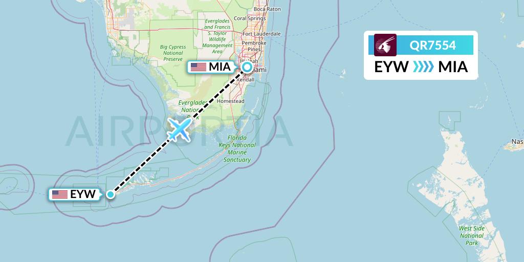 QR7554 Qatar Airways Flight Map: Key West to Miami