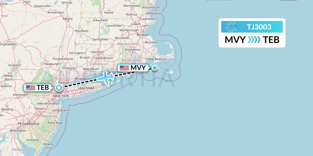TJ3003 Tradewind Aviation Flight Map: Martha's Vineyard to Teterboro