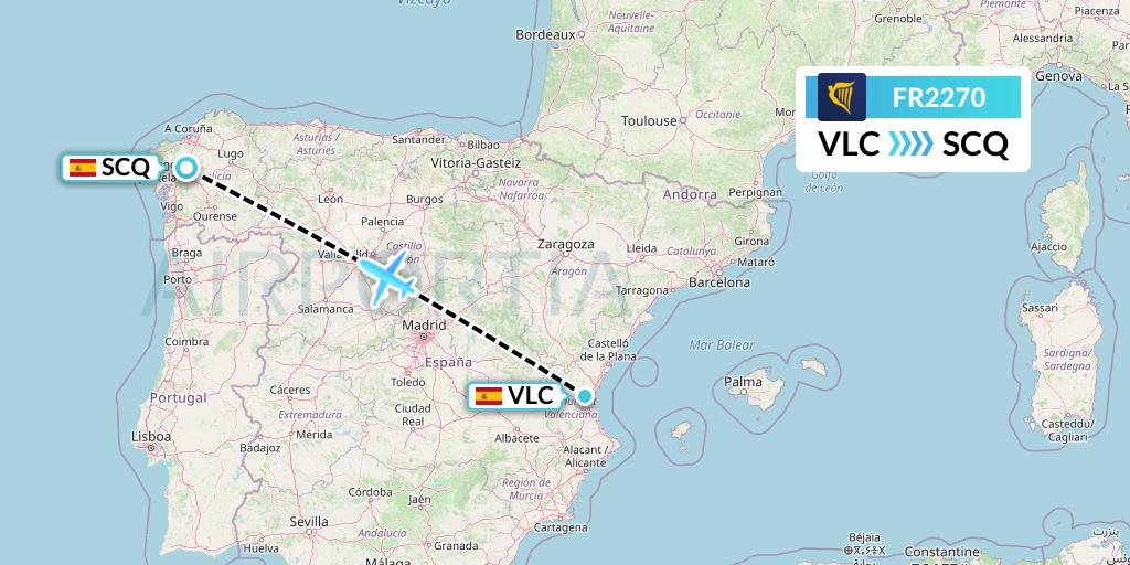 FR2270 Ryanair Flight Map: Valencia to Santiago