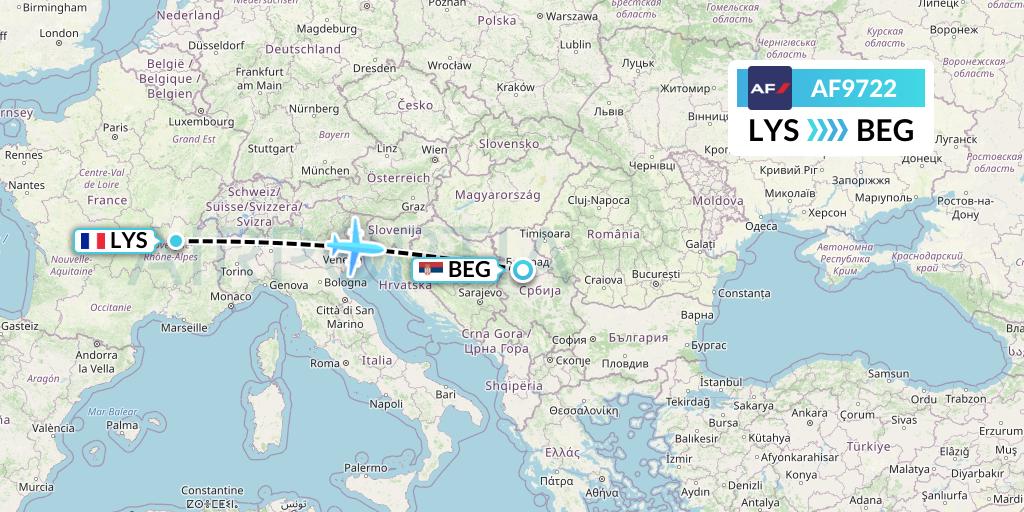 AF9722 Air France Flight Map: Lyon to Belgrade